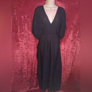 NWT Elan Black Maxi Dress Smocked Kaftan Deep V Open Back Resort Boho Holiday